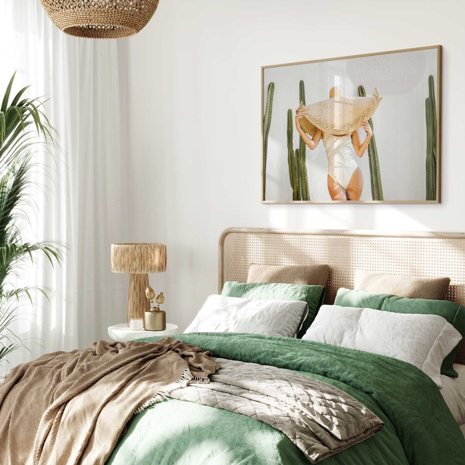 Chic fashion wall art featuring a stylish woman in beige against a cactus backdrop, perfect for boho interiors.