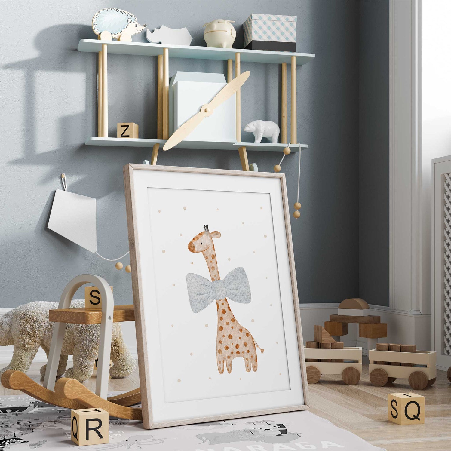 Boho-style giraffe wall art for baby room with floral blue bow