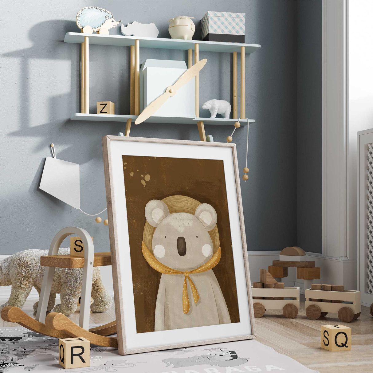 Boho-inspired koala nursery print with warm earthy background.