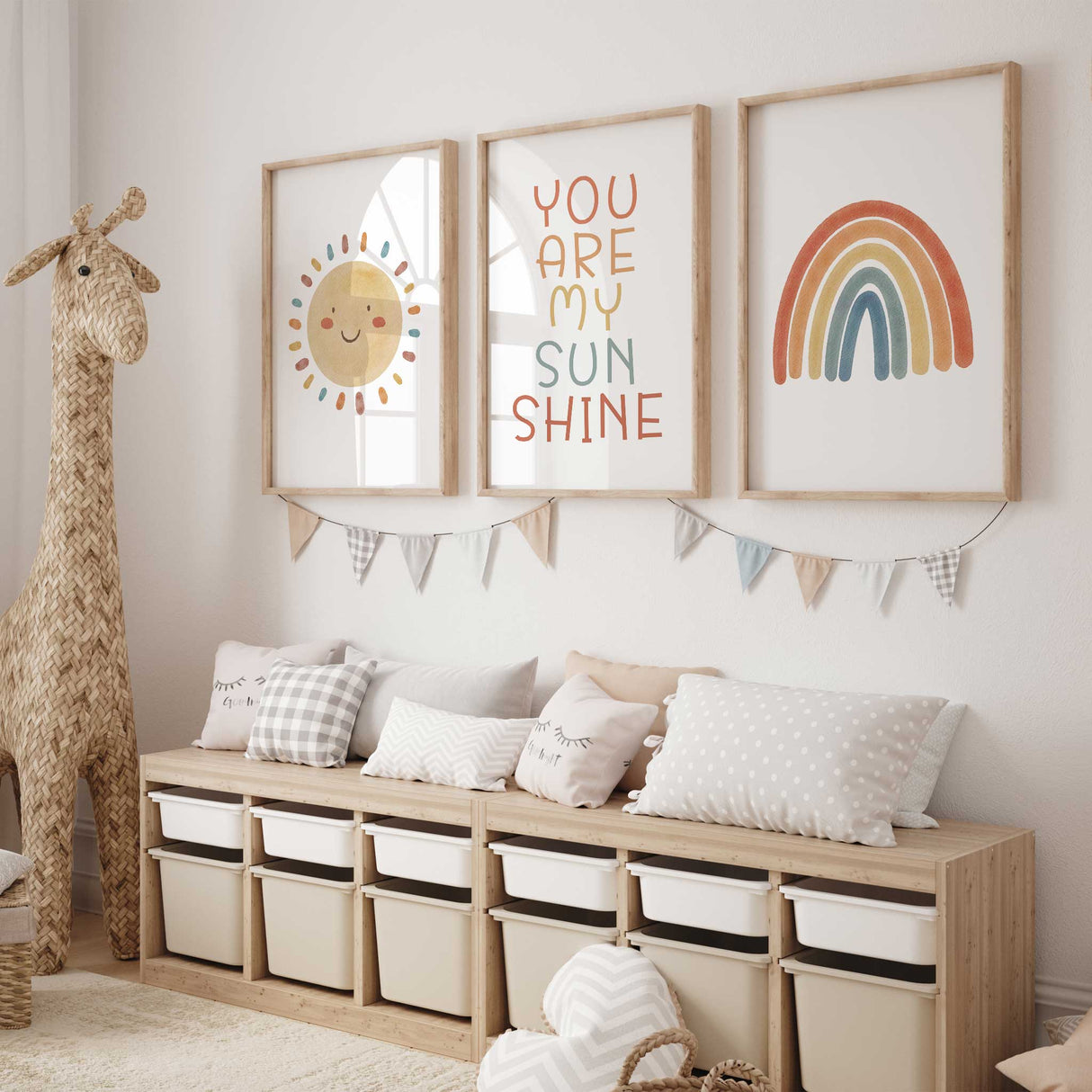You Are My Sunshine nursery wall art trio in warm earthy tones, includes sun face, rainbow and motivational quote