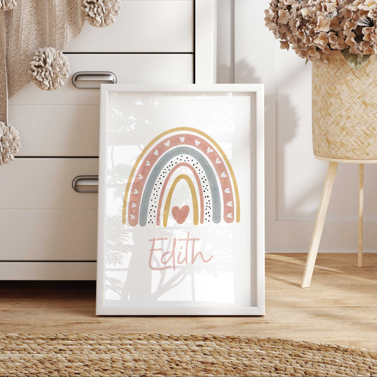 Personalised boho rainbow print in blush pink, muted blue and mustard with heart details and script name below