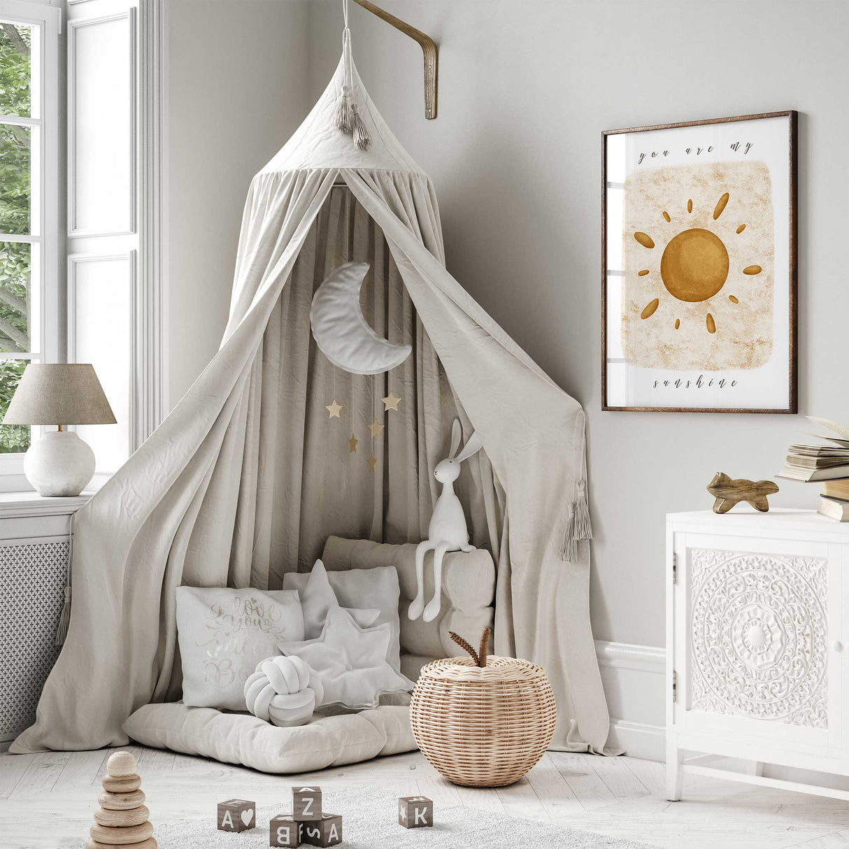 Boho style sun nursery print with soft textured background and warm tones