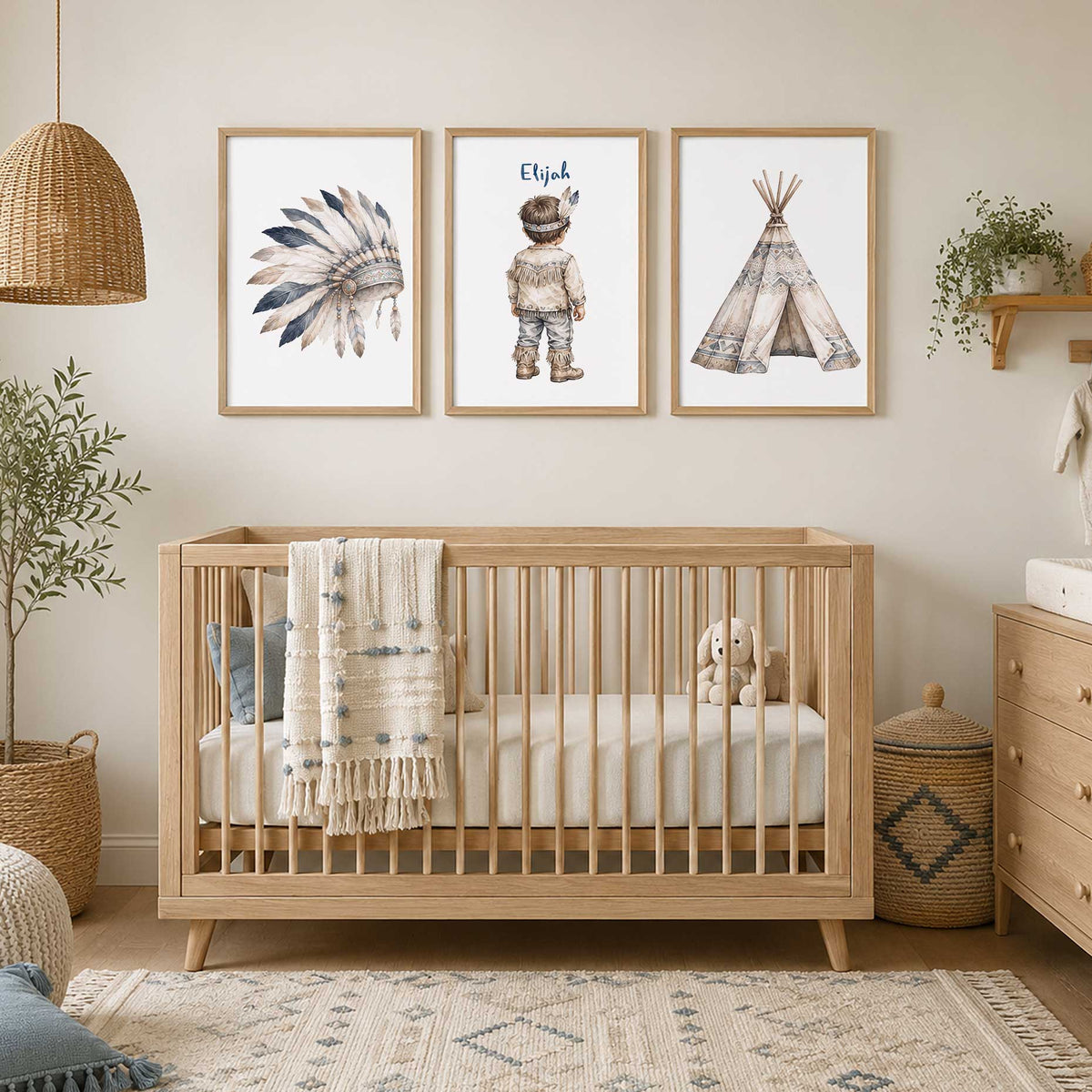 Boys tribal nursery wall art with matching watercolour headdress, personalised child and teepee prints.