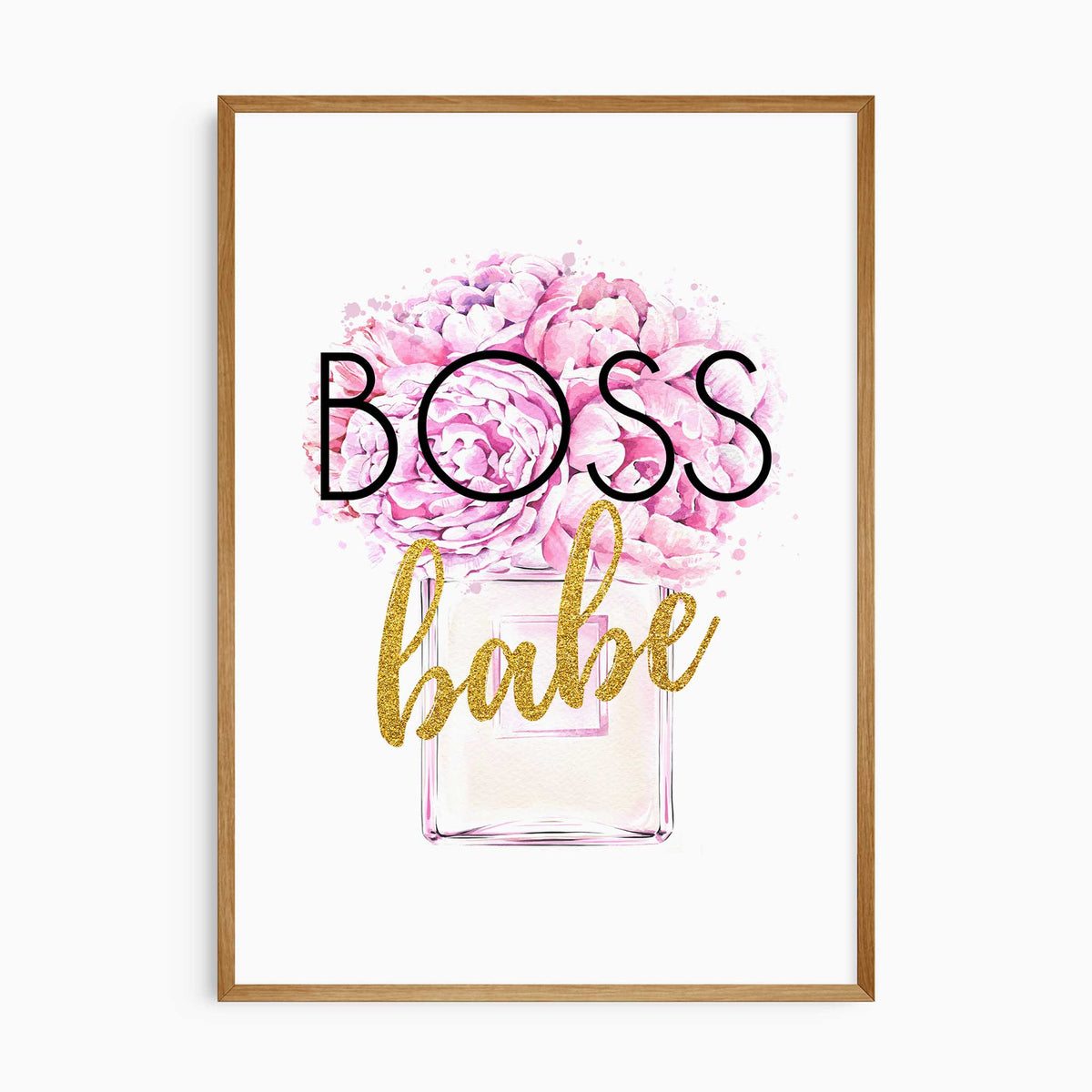 Boss Babe wall art featuring pink peonies in a perfume bottle with bold lettering and decorative gold glitter-effect accents.