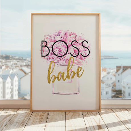 Boss Babe wall art featuring pink peonies in a perfume bottle with gold glitter text, perfect for home office or bedroom decor.