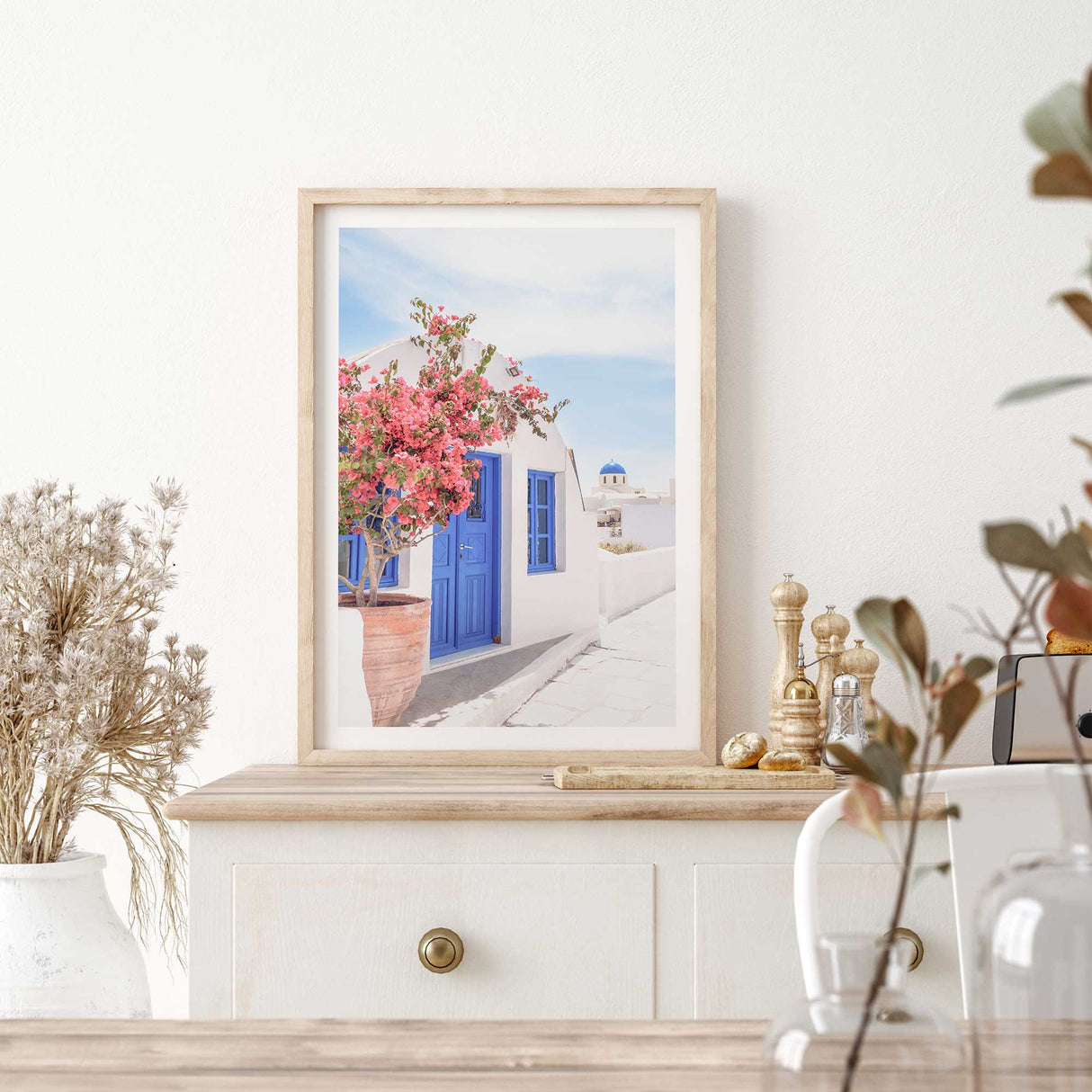 Greece-inspired wall art print with bougainvillea flowers
