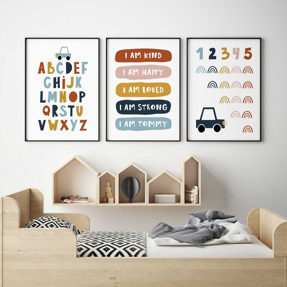 Three coordinating prints with colourful A–Z letters, rainbow counting from 1–5, small cars and personalised affirmations.