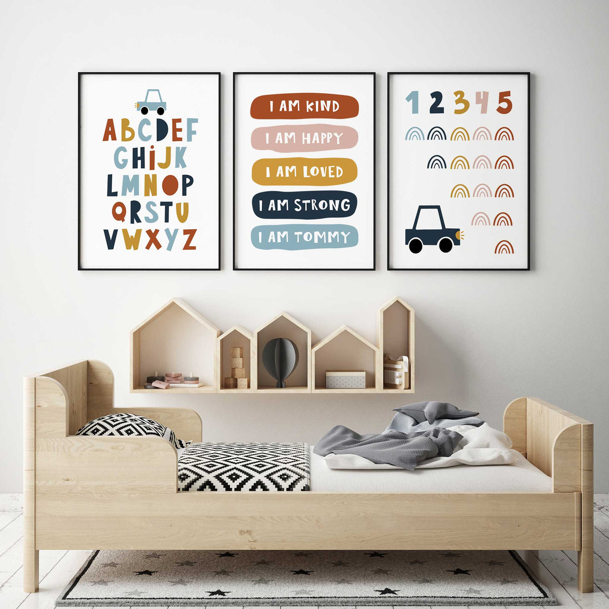 Boys wall art set with alphabet, numbers and personalised affirmations in modern colours