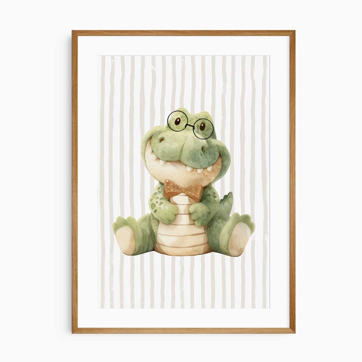 Cute green alligator nursery print with bow tie and glasses on striped background