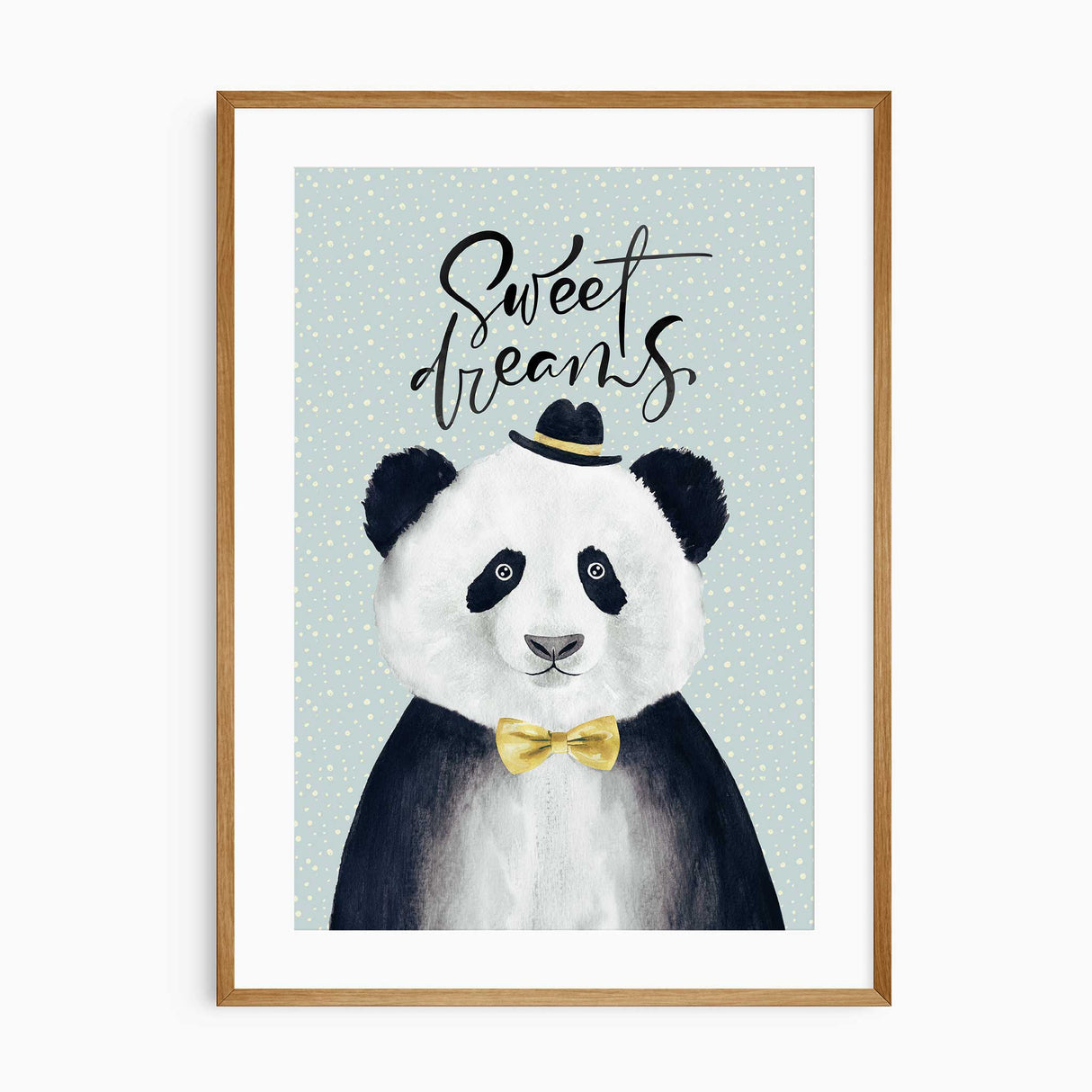 unframed artwork of a panda wearing a bow tie and hat with 'Sweet Dreams' text on a polka dot background.
