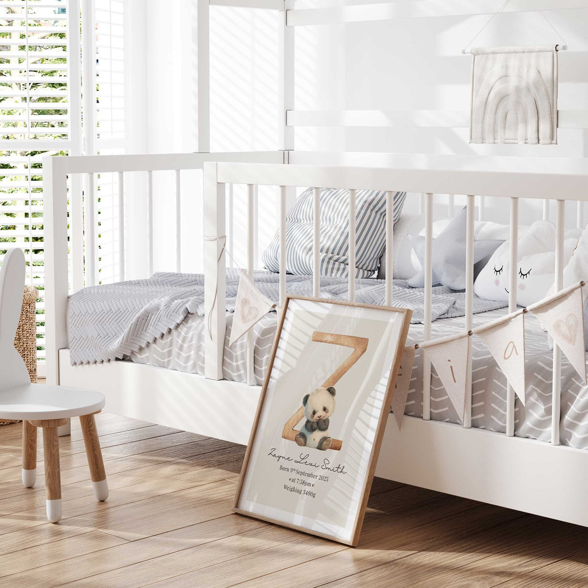 baby birth announcement print with a favourite animal choice. Nursery keepsake decor or new baby gift