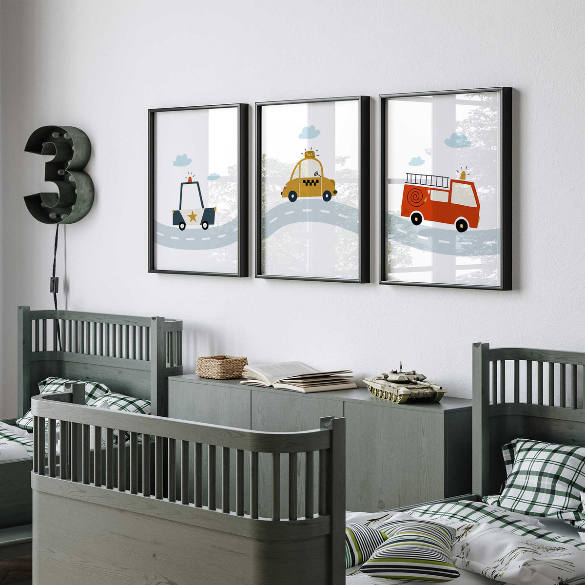 Three vehicle prints showing a police car, yellow taxi and red fire engine linked by a winding pale blue road.