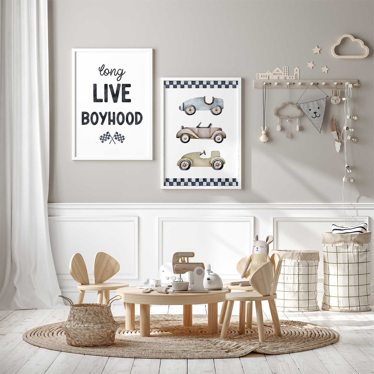 Long Live Boyhood quote and vintage car prints with blue, taupe and olive cars, charcoal checks and crossed racing flags.