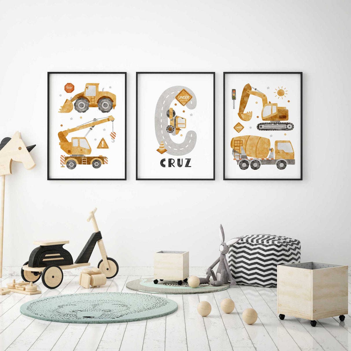 Customisable construction vehicle nursery prints - dump truck, excavator, and cement mixer in watercolour with boys name.