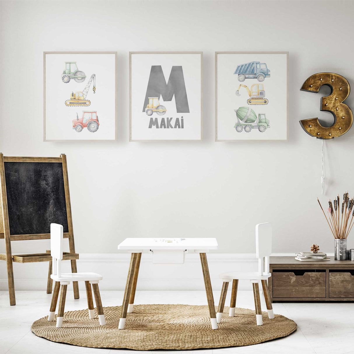 Personalised boys construction wall art set with trucks and diggers in soft watercolour tones for nursery or kids bedroom décor