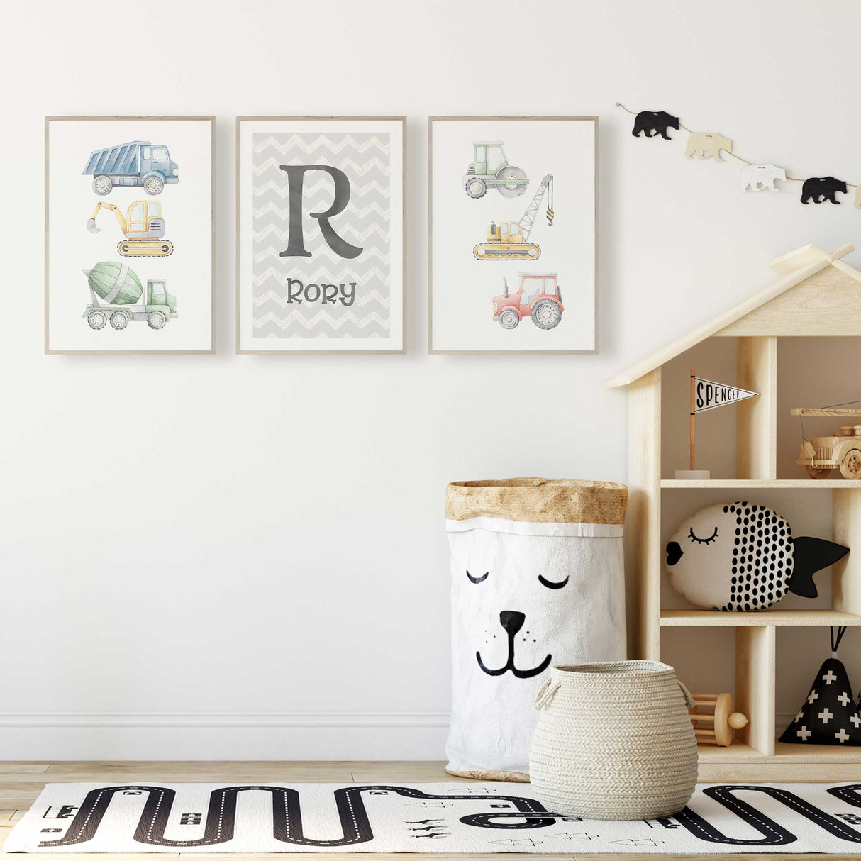 Boys nursery wall art set of 3 featuring construction vehicles and personalised name print