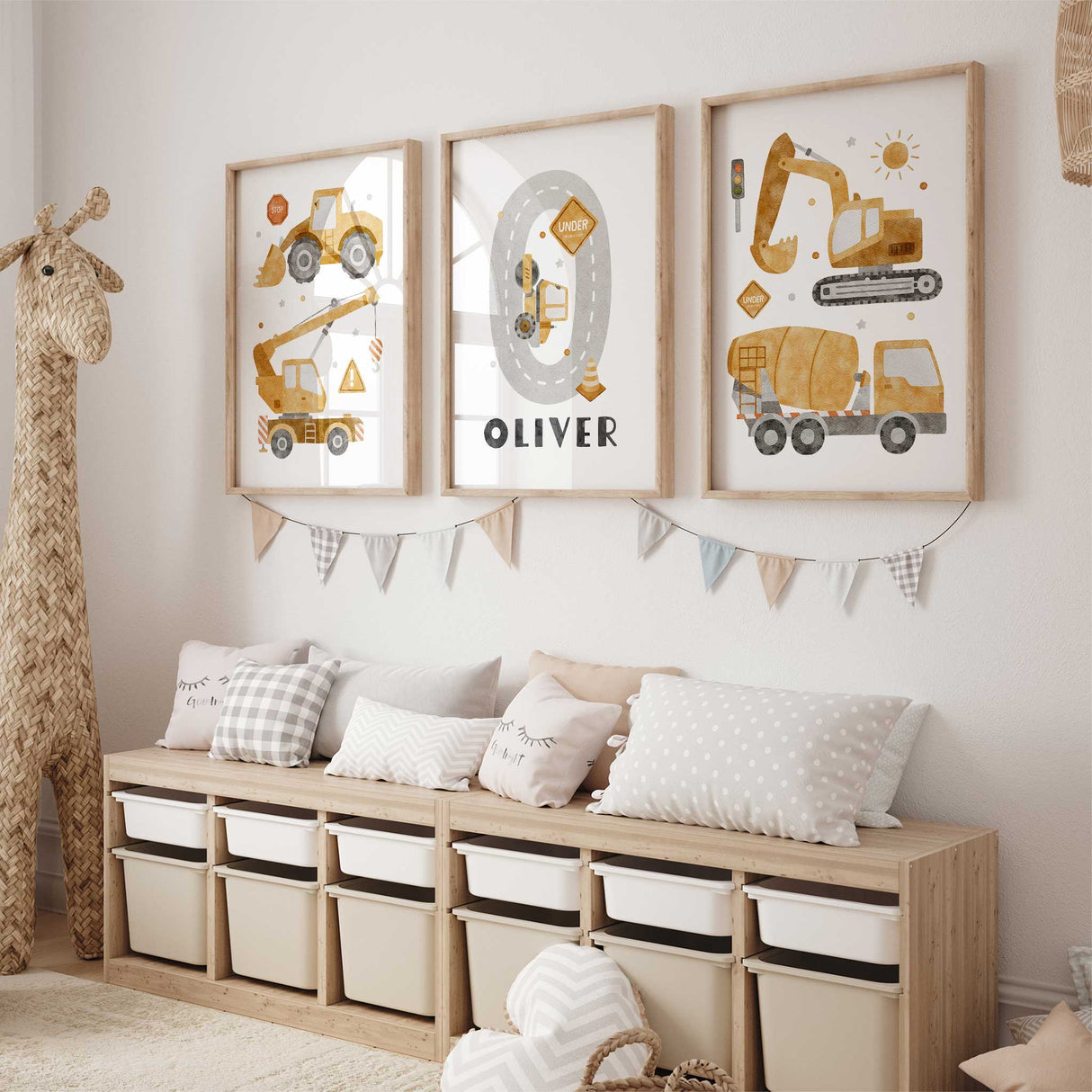 Personalised boys room decor with construction-themed prints - dump truck, excavator, and cement mixer in soft watercolour style.