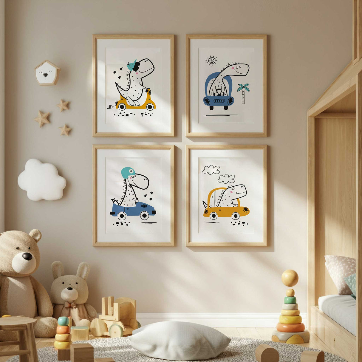 Boys bedroom dinosaur wall art set with dinos driving vehicles