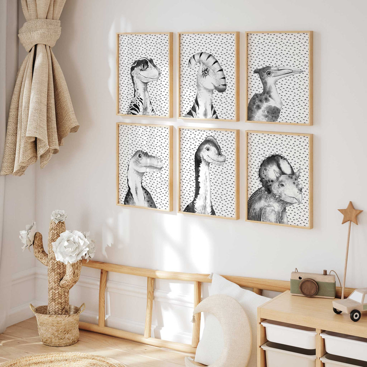 Black and white dinosaur wall art prints for kids bedroom or playroom gallery wall.
portrait style art set for boys room with Parasaurolophus, Triceratops, and more.