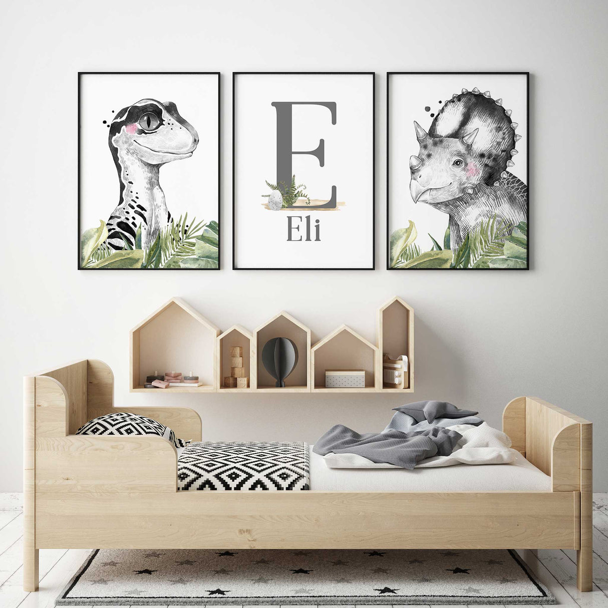 Personalised boys dinosaur nursery wall art set of 3 with name and initial