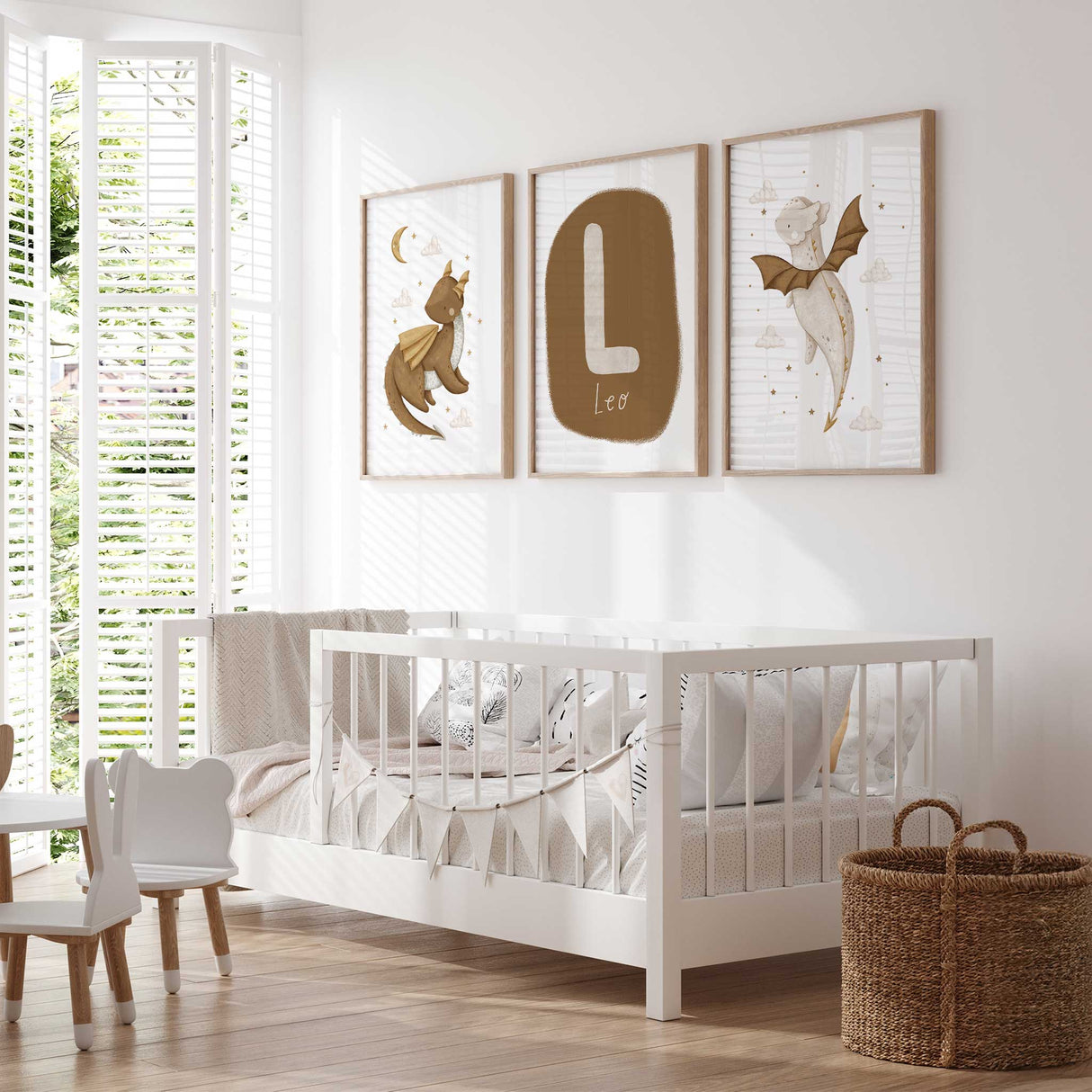 Boys dragon nursery wall art set with personalised name and flying fantasy dragons in neutral tones