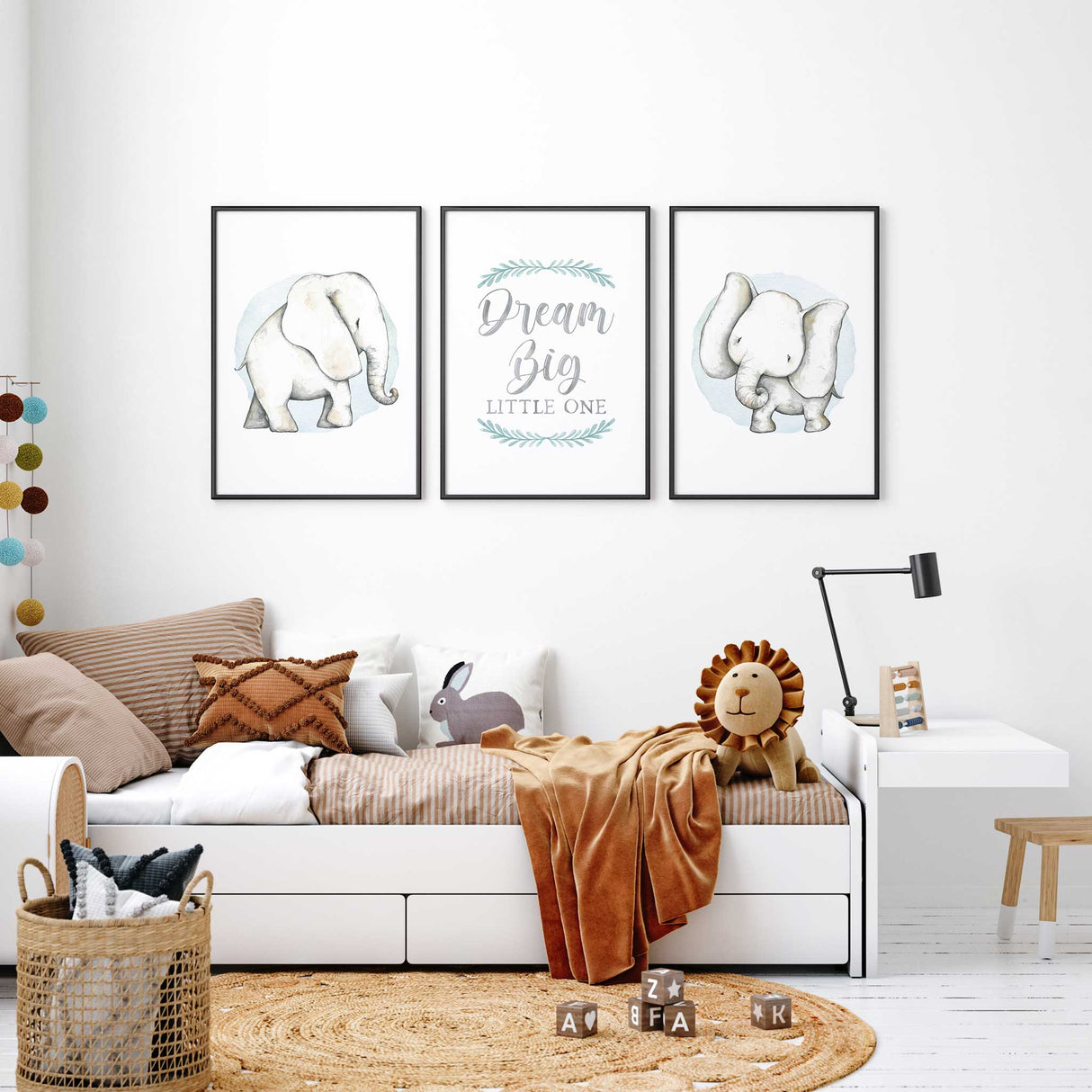 Trio of elephant nursery prints with soft watercolour animals and motivational quote for boys room.