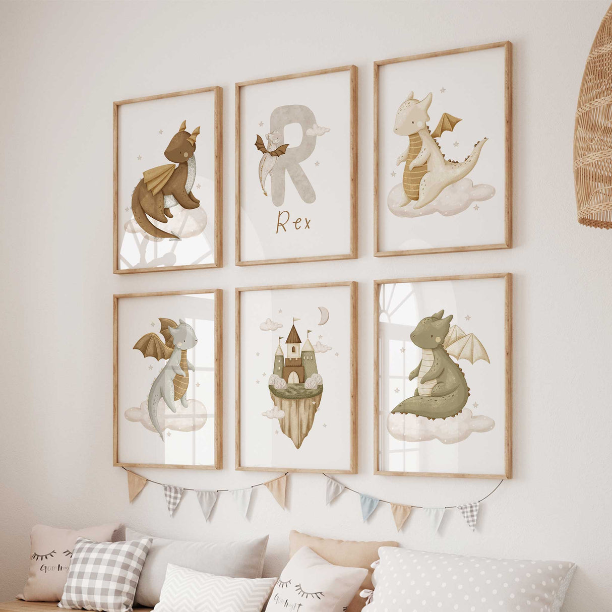 Fantasy-themed boys wall decor set with dragons and magical castle