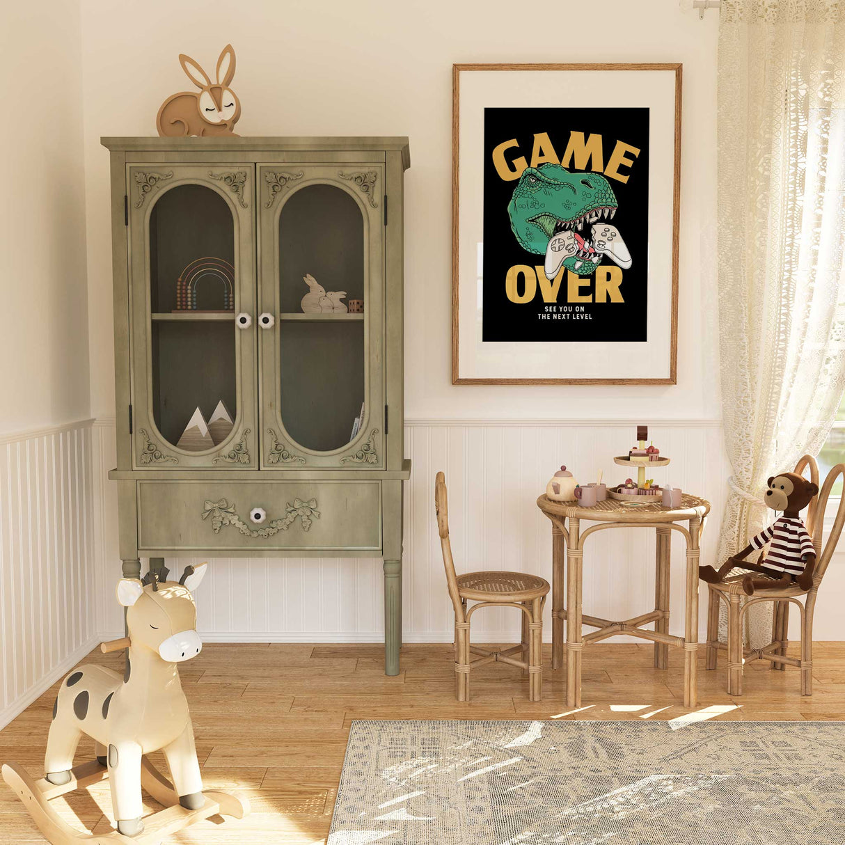 Boys gamer bedroom print with dinosaur and controller