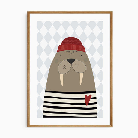 Nautical themed nursery print set for boys with bear and walrus illustrations.