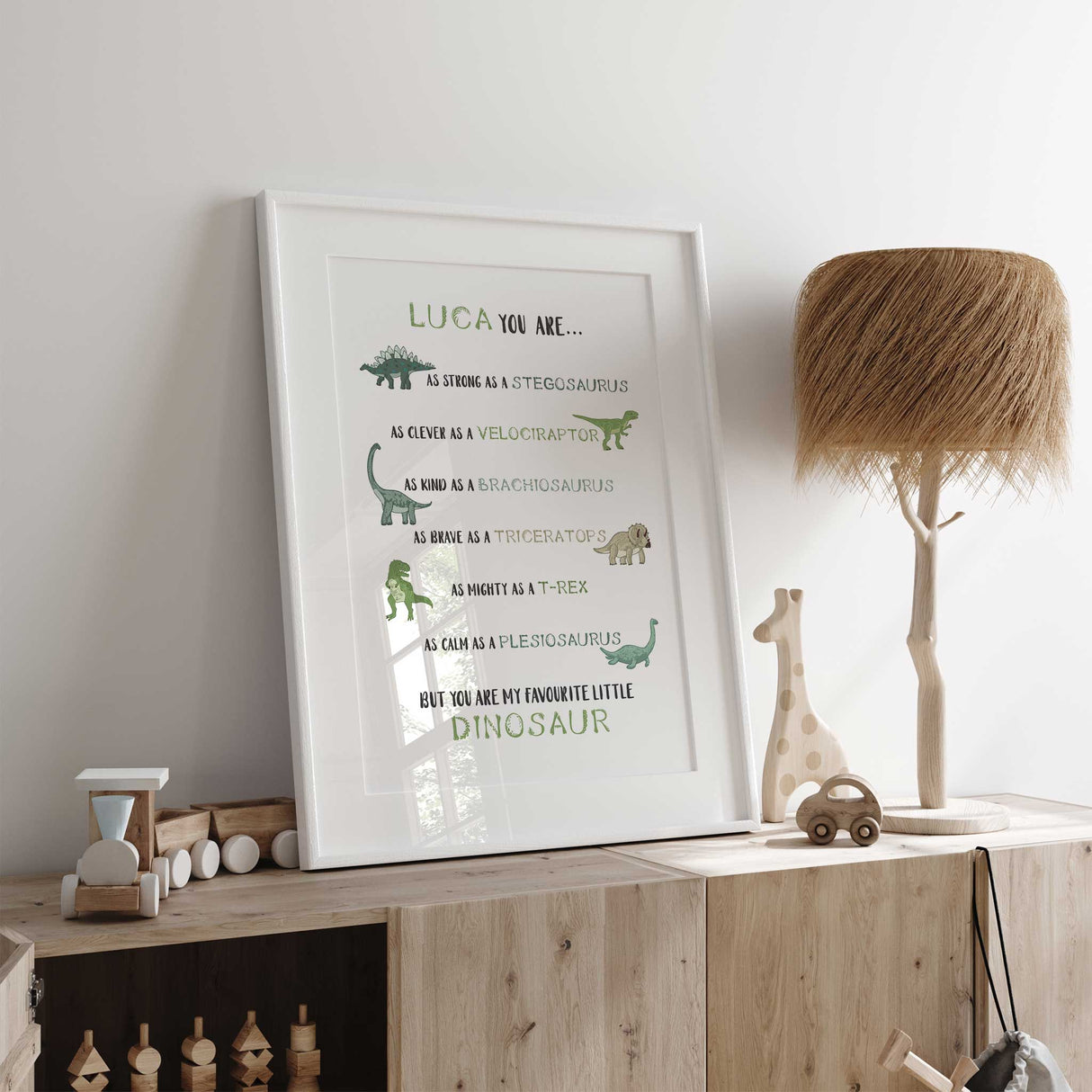 Personalised dinosaur room print with empowering words and hand-drawn dino characters.