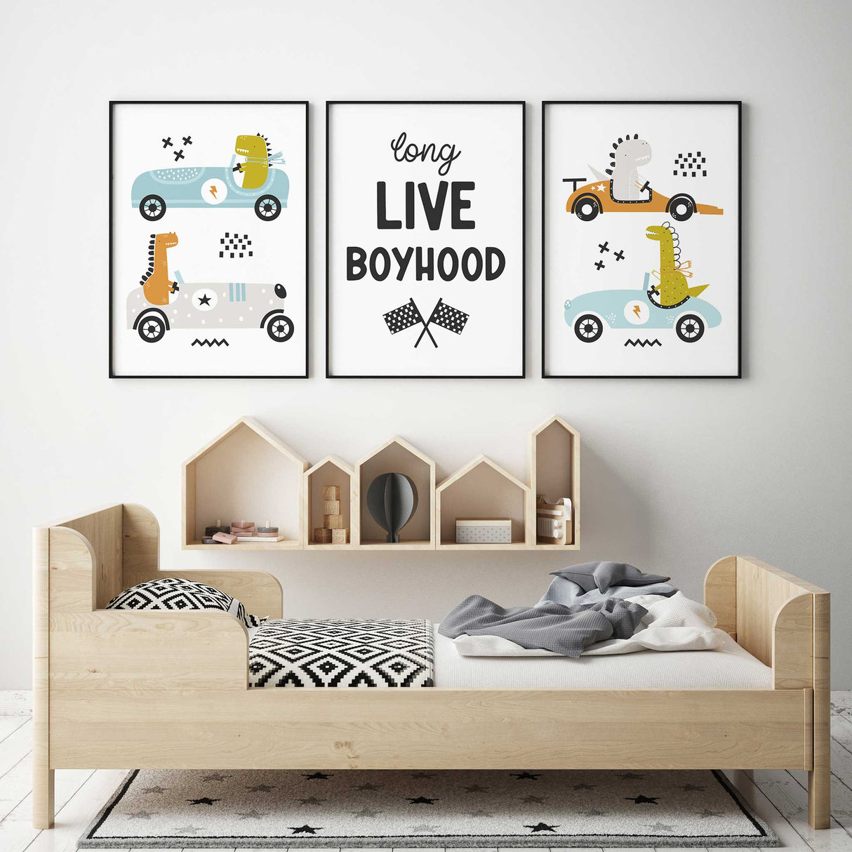 Boys nursery poster set with dinosaur race cars and bold typography print