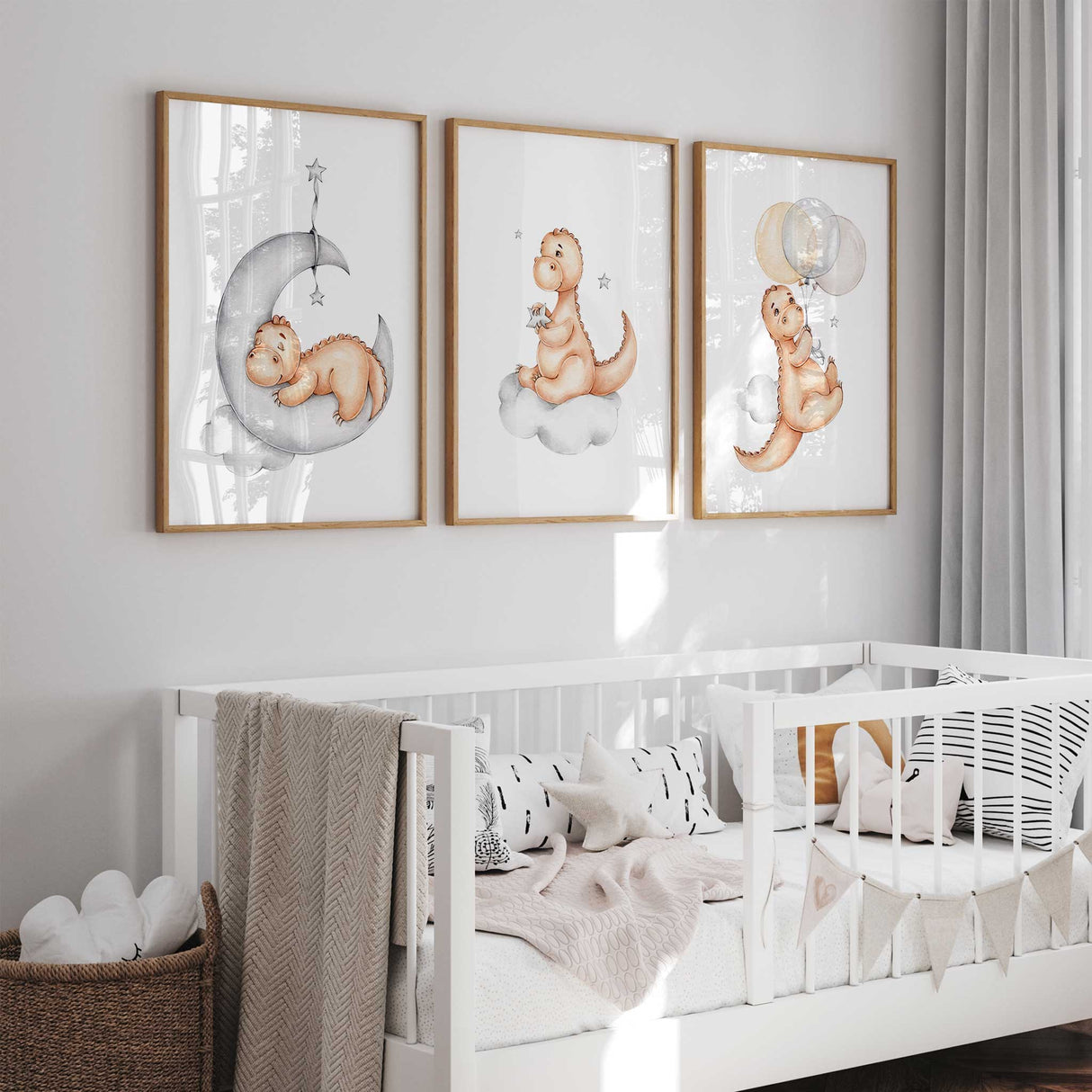 Boys nursery dinosaur prints set of 3 in dreamy cloud and star design
