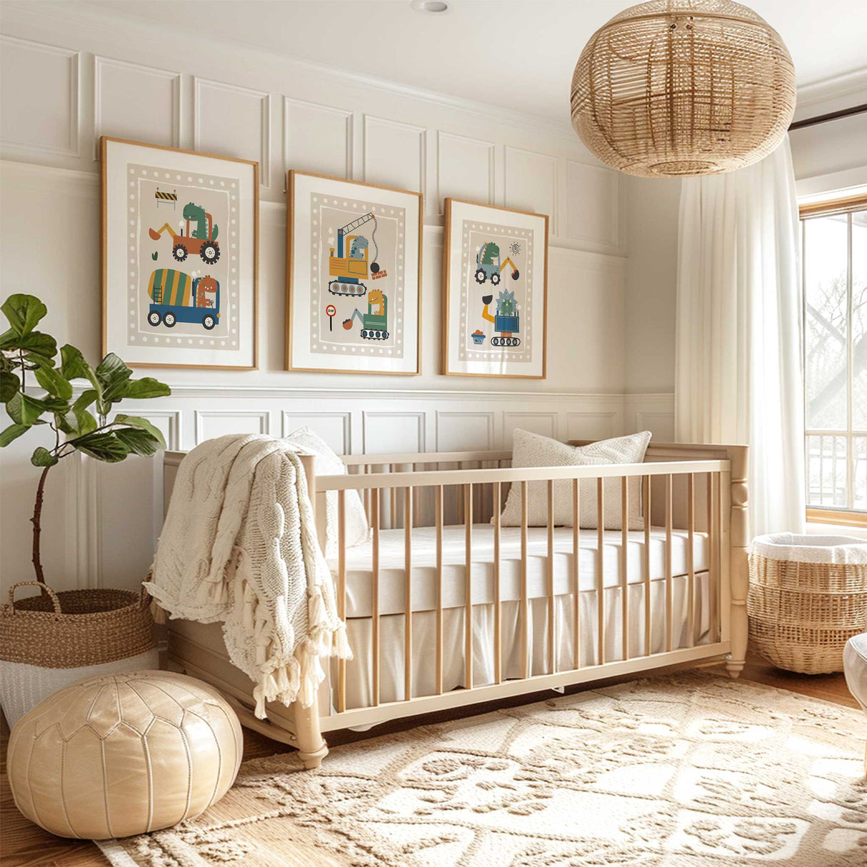 Dinosaur wall art set featuring cute construction vehicles for boys bedroom décor.