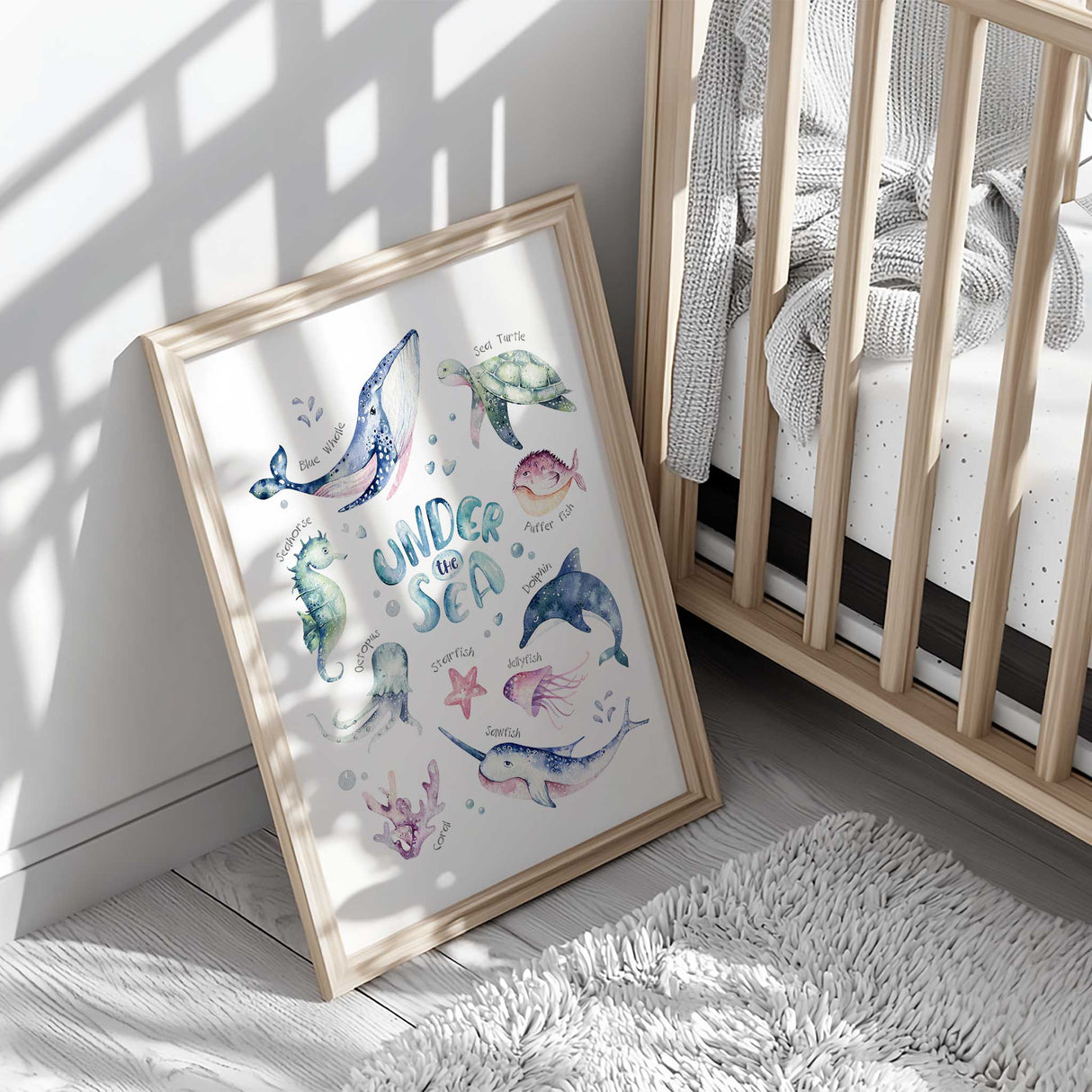 Boys nursery wall art with watercolour sea creatures, Under the Sea theme kids room decor