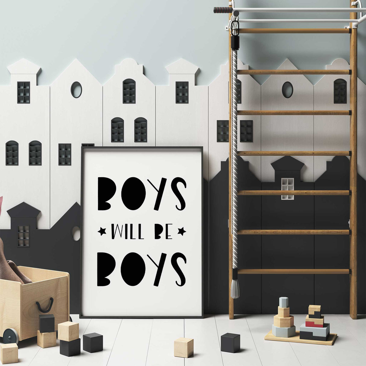 Black and white boys nursery wall art print with playful stars typography design