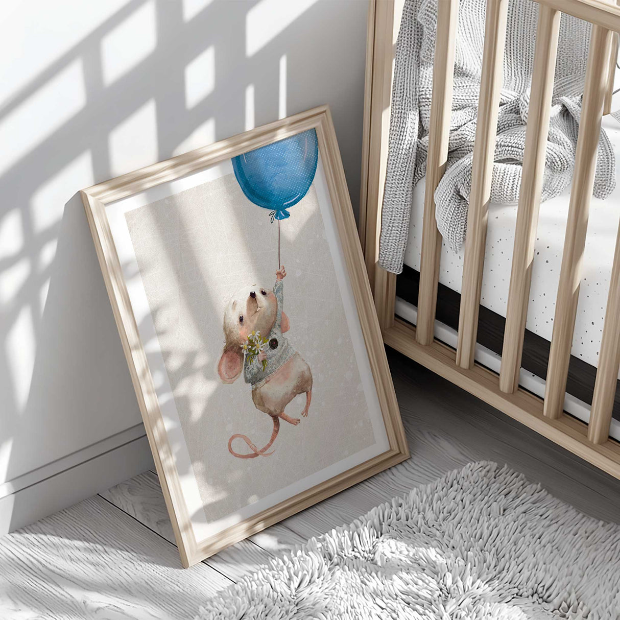 Baby boy nursery print with mouse holding balloon
