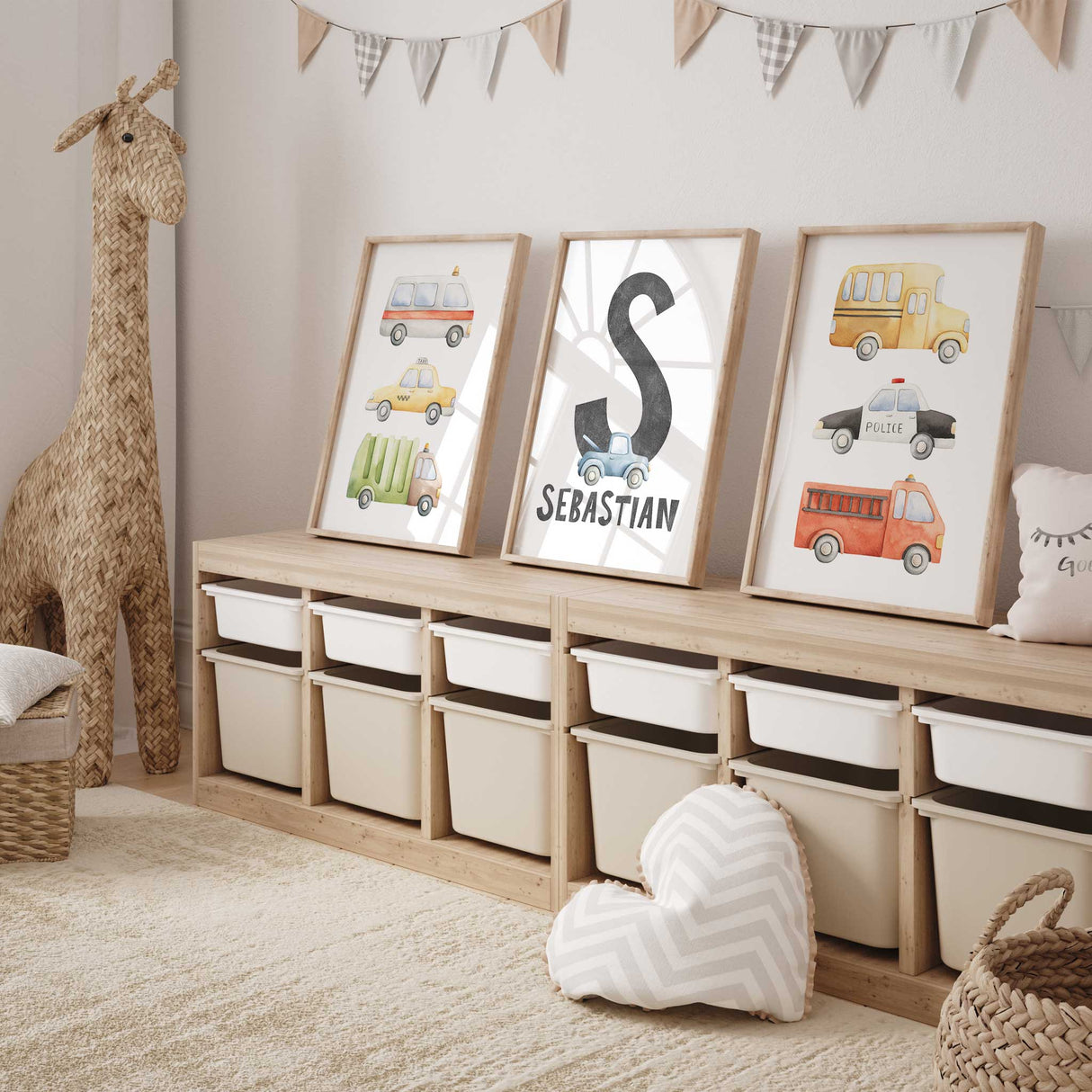 Set of 3 vehicle nursery prints including police car, school bus, and garbage truck