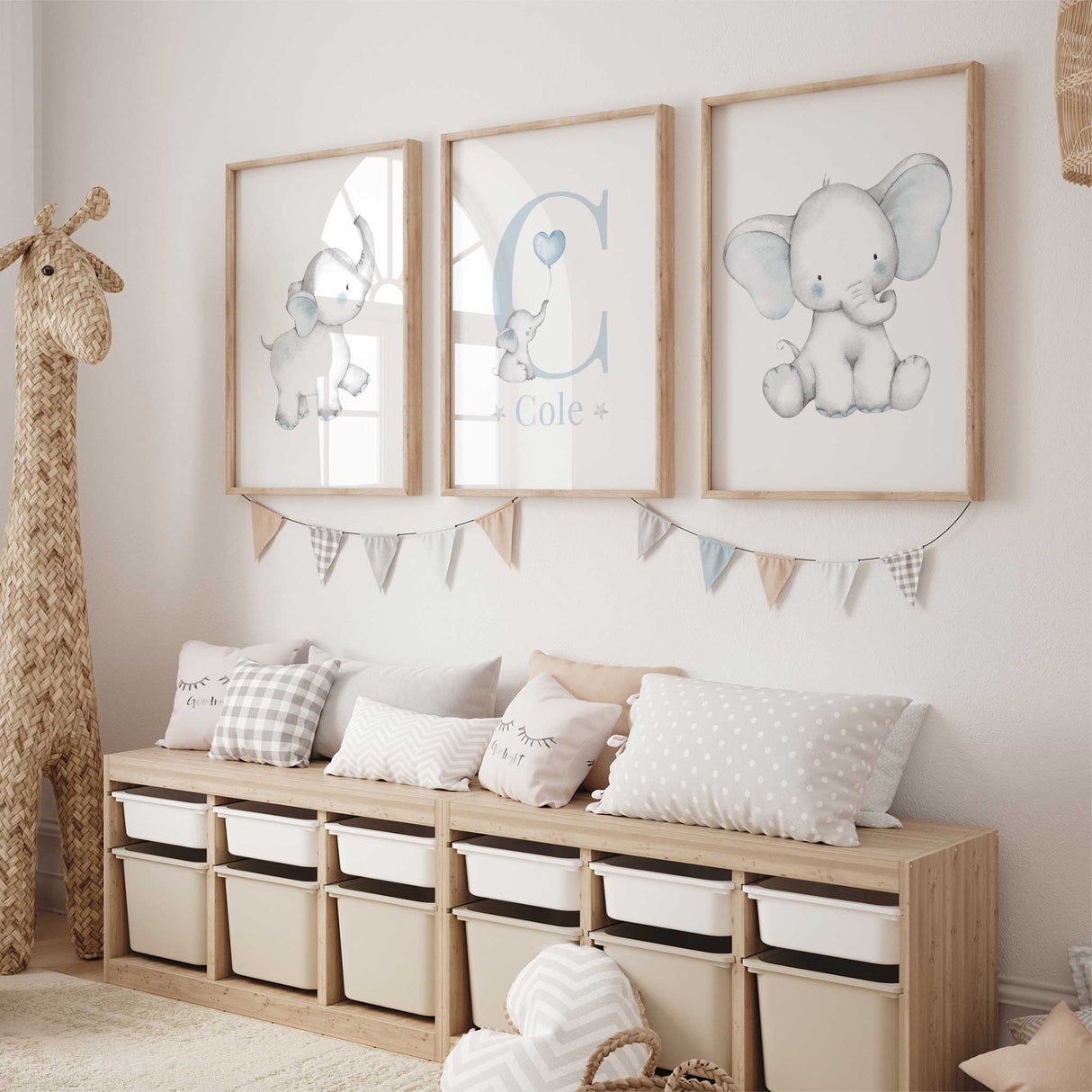 Customised blue elephant nursery wall art set of 3 prints, perfect baby gift and kids room decoration.