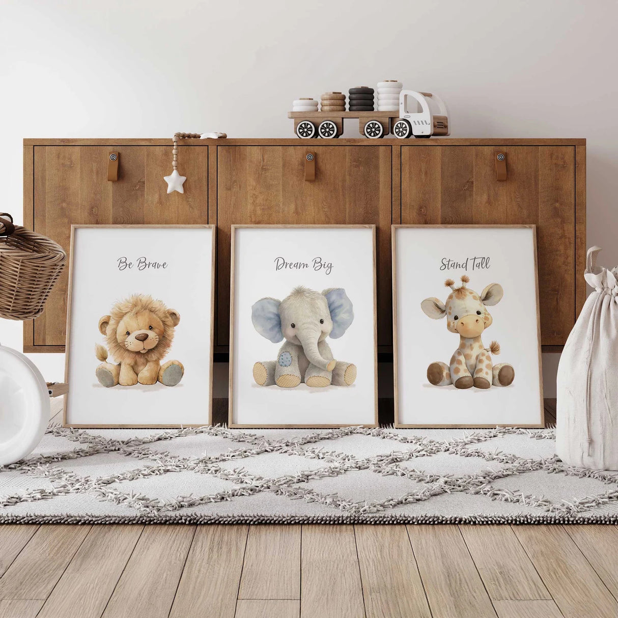 Boys nursery with plush safari animal prints