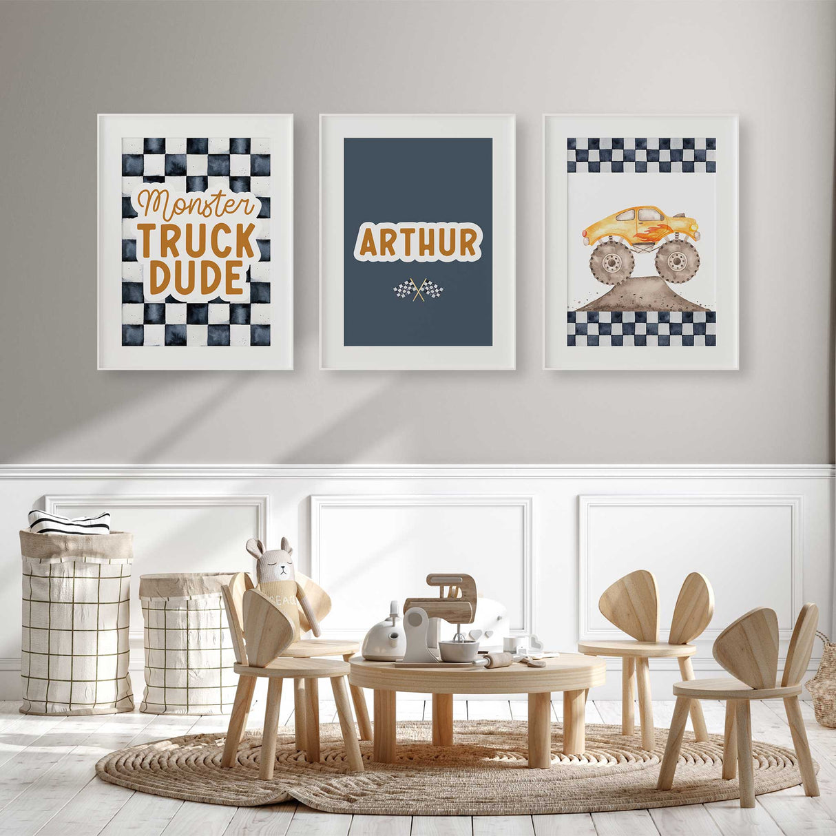Fun racing-themed wall art with checkered pattern and bold text