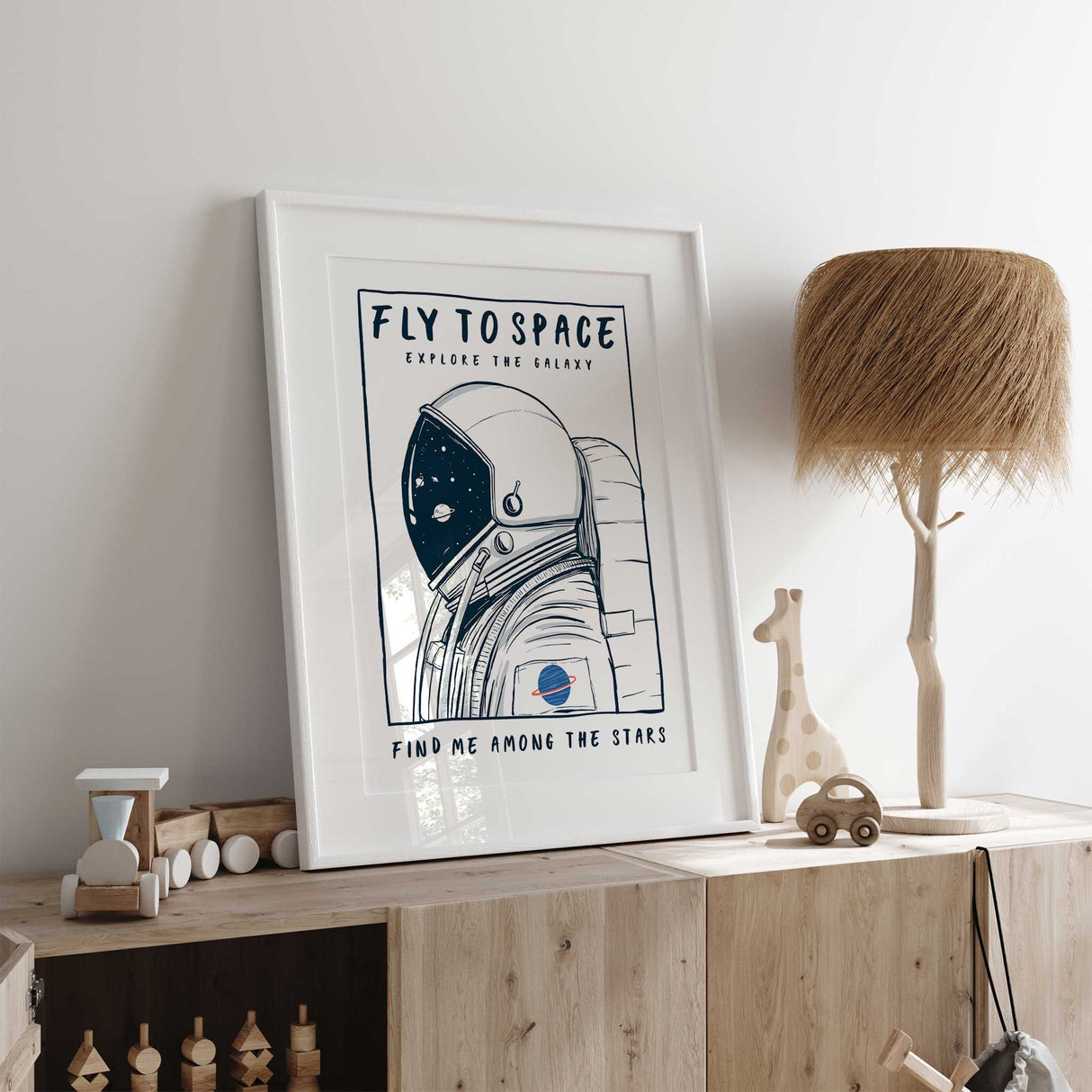 Modern astronaut illustration print for boys bedroom or playroom wall.