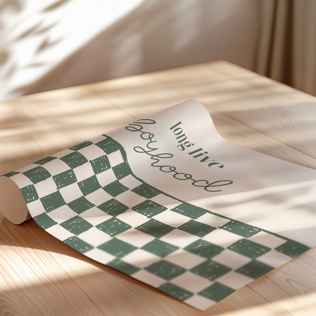 Cozy boys bedroom decor with green checkerboard print on photo paper