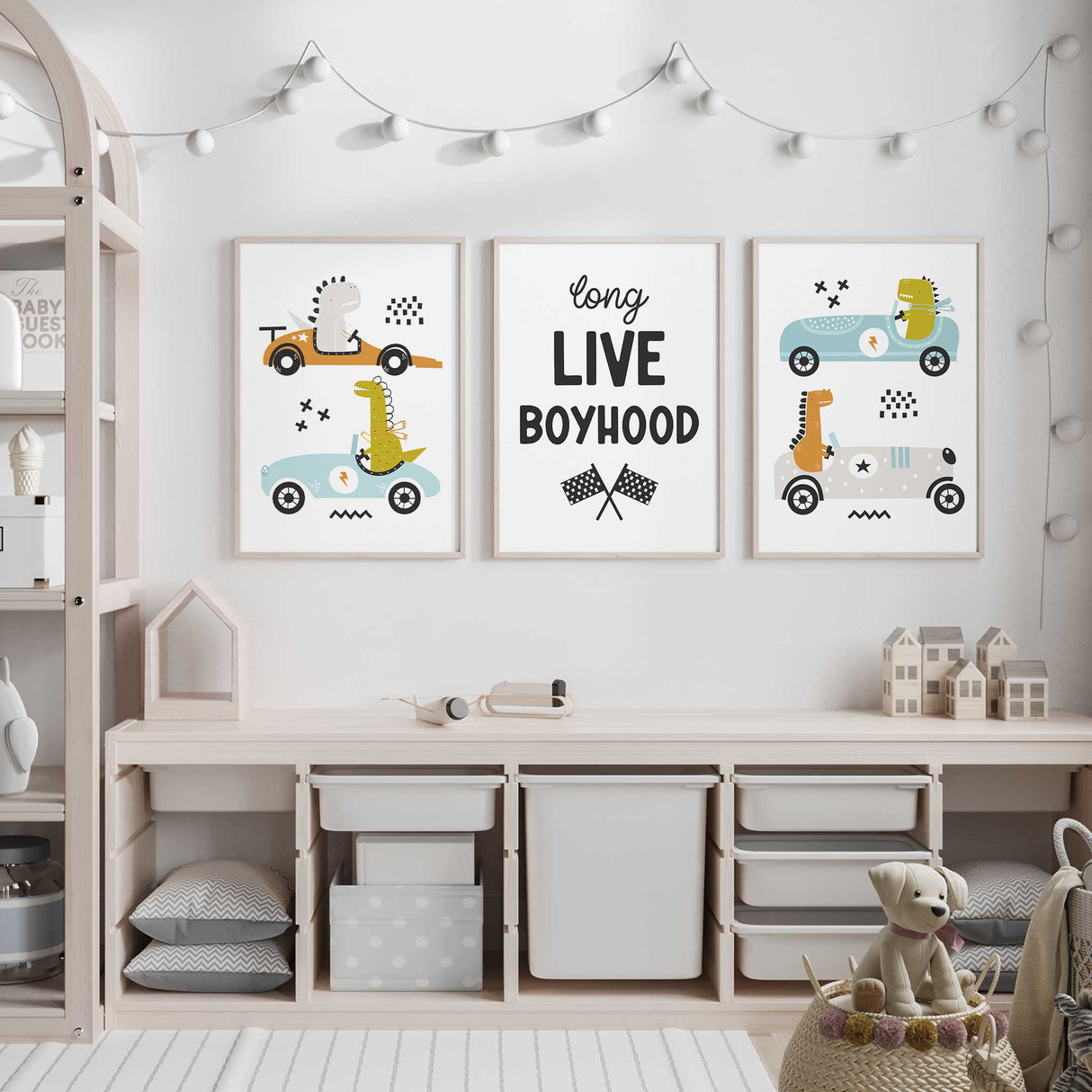 Fun boys bedroom wall art featuring dinosaurs in race cars with racing flags