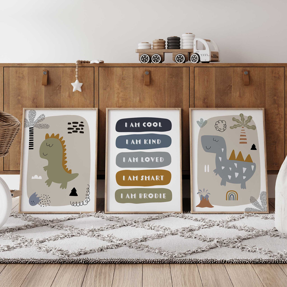 Boys wall art with dinosaur characters and positive affirmations