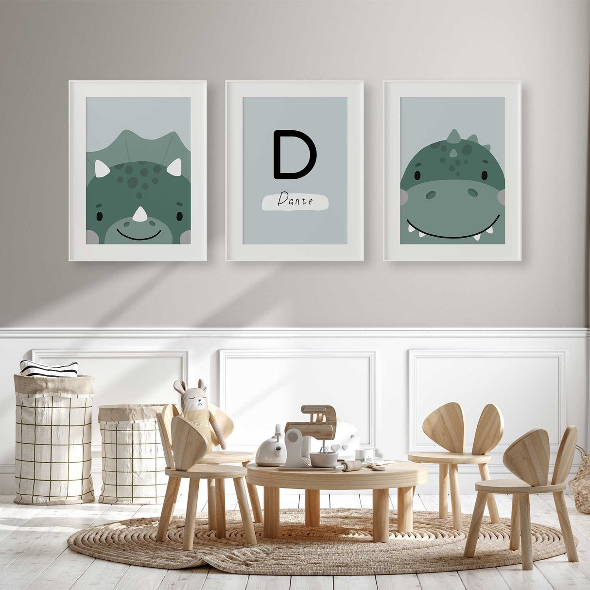Boys’ room dinosaur wall art prints with personalised central name design in soft pastel colours