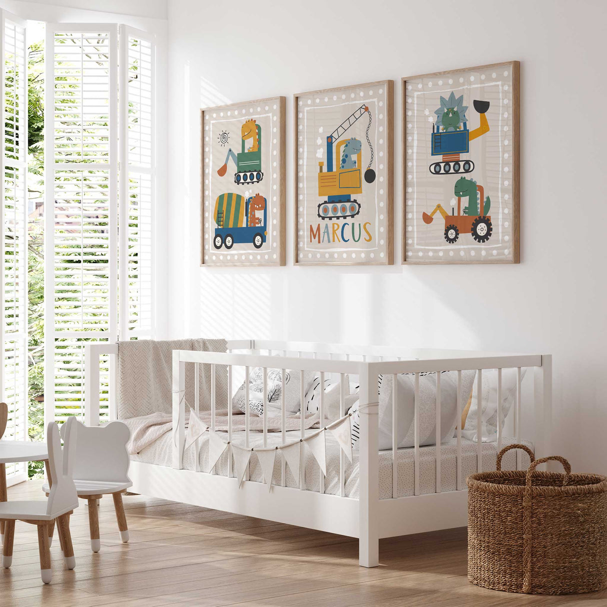 Dinosaur nursery decor set in neutral tones with construction vehicles