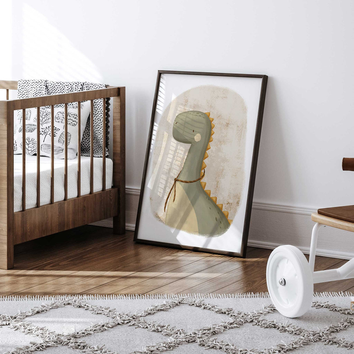 Dinosaur wall art for boys room featuring soft earthy green illustration