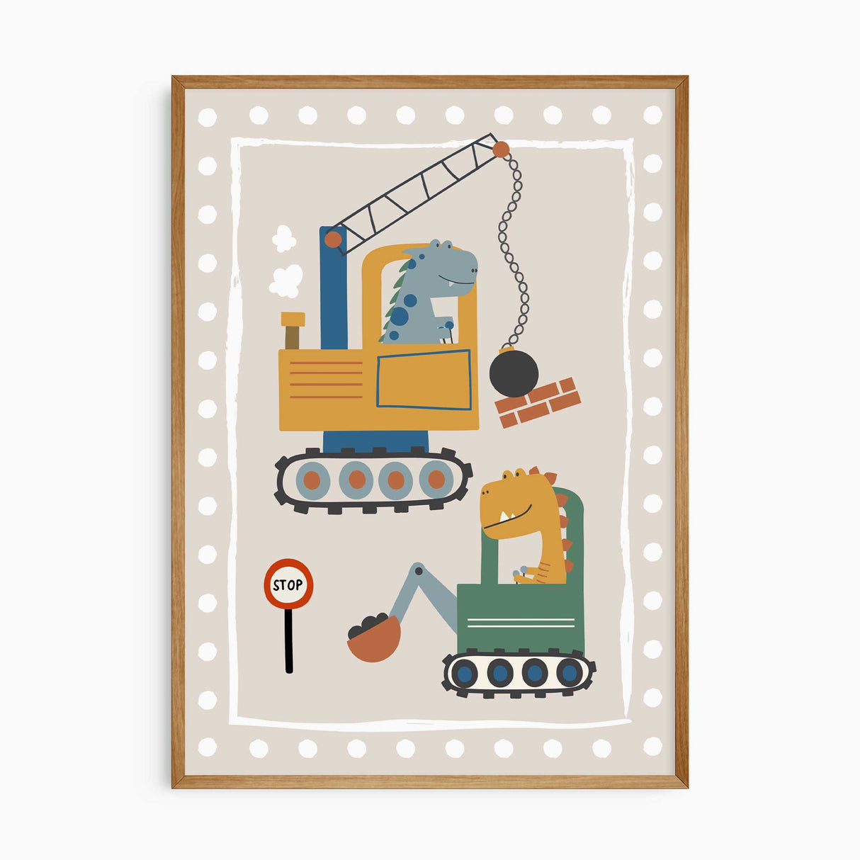 Boys room dinosaur wall art set of 3 prints with vehicles and neutral modern design.