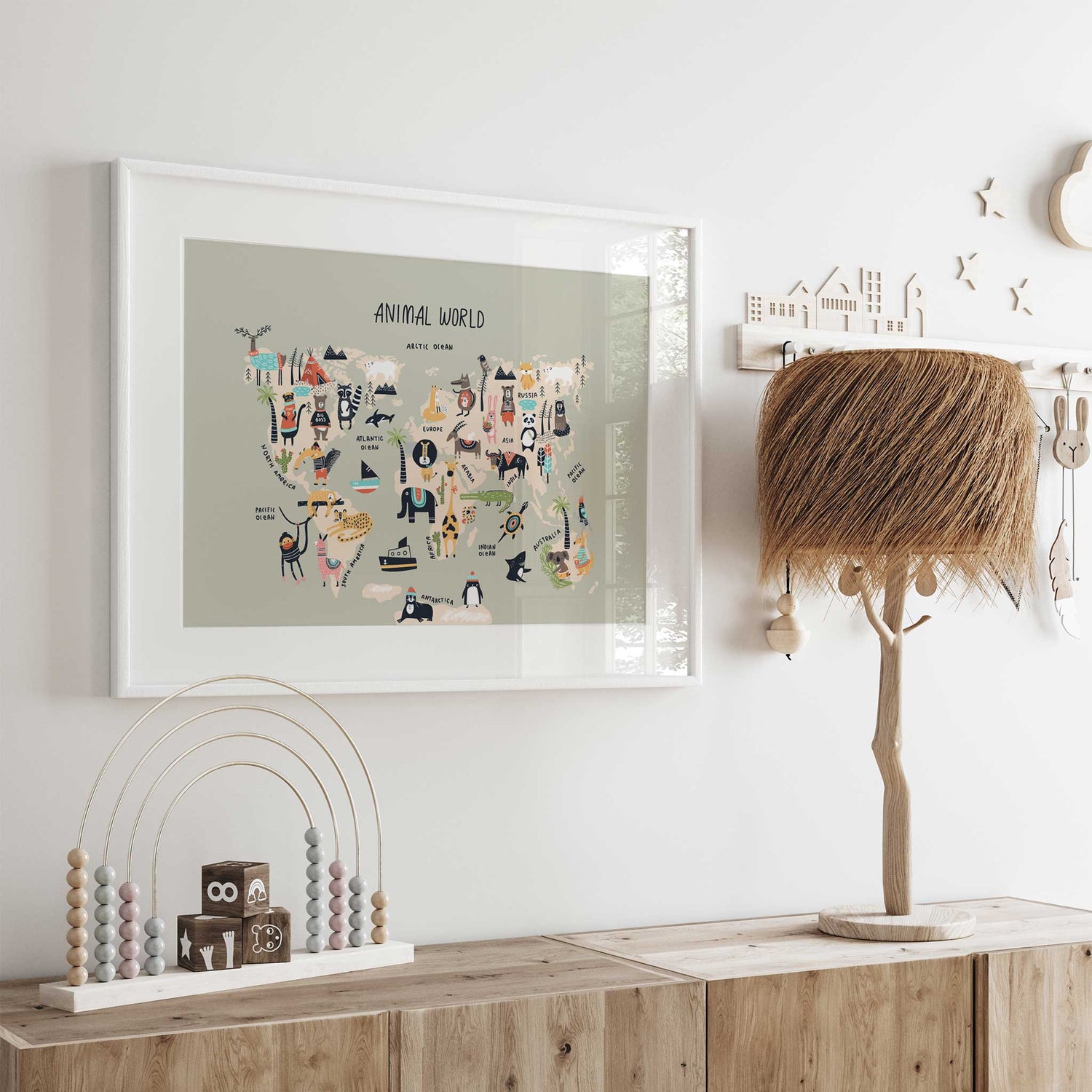 Educational kids' world map poster with animals and playful designs