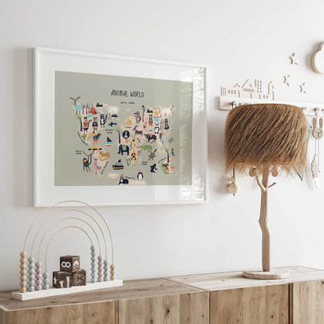 Educational kids' world map poster with animals and playful designs